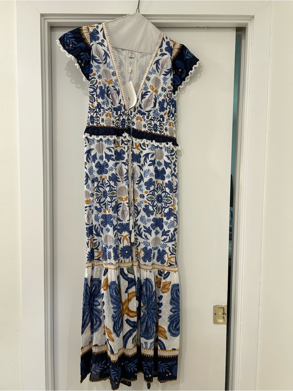 Caroline Constas Navy, White & Gold Floral Maxi Dress